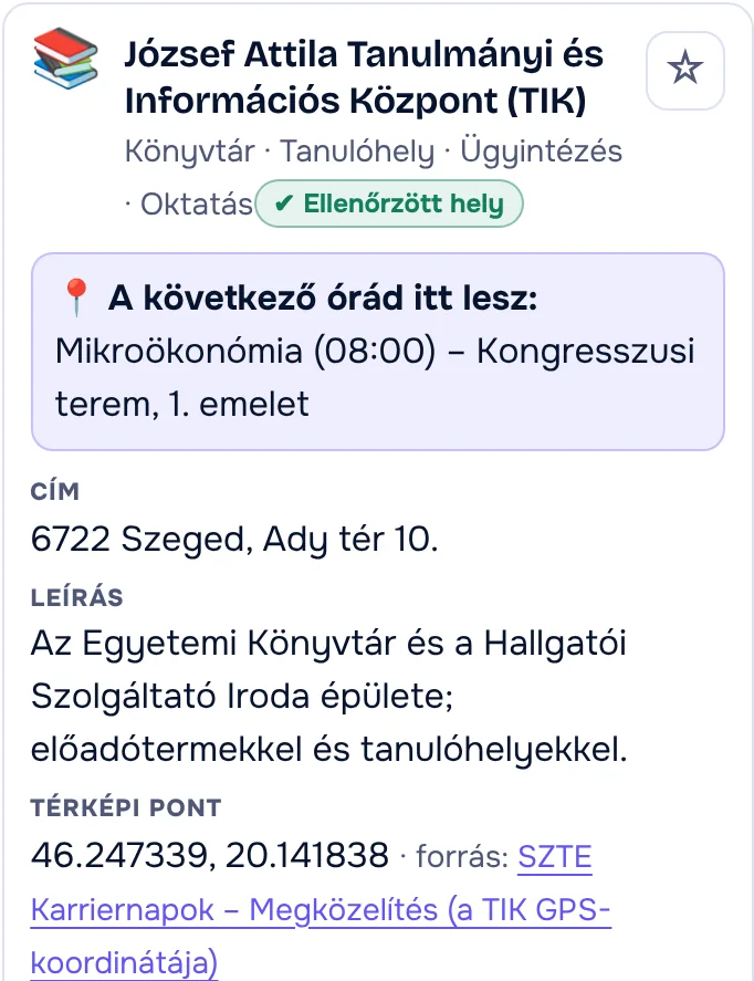 A TIK adatlapja a Campus oldalon: cím, térképi pont, bejárat, szolgáltatások, akadálymentesség, termek