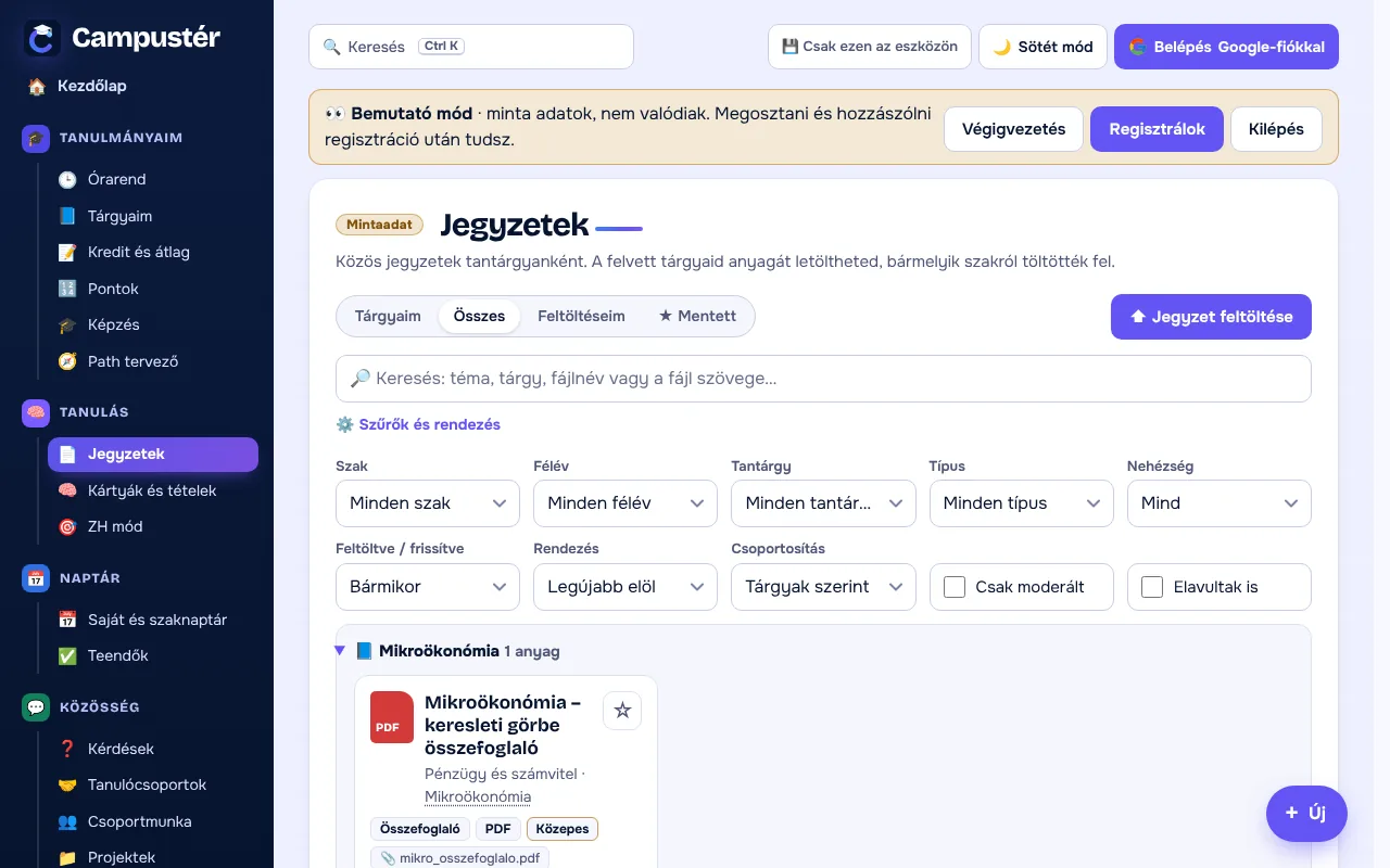 A Jegyzetek oldal bemutató módban, minta jegyzetekkel