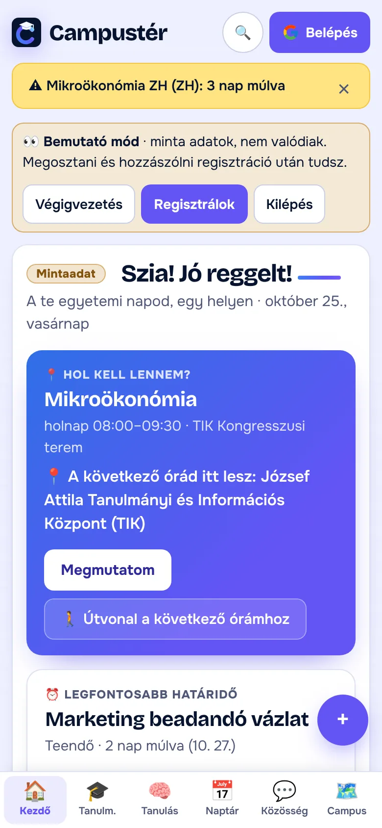 A Campustér kezdőlapja telefonon